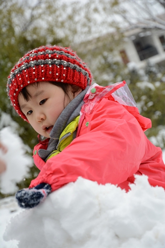 美麗的景色吸引孩子們前來堆雪人